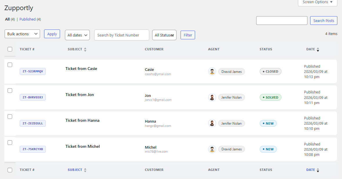 **All Tickets Management** — A card-style list featuring color-coded status borders, unique ticket ID chips, and customer data for rapid sorting
