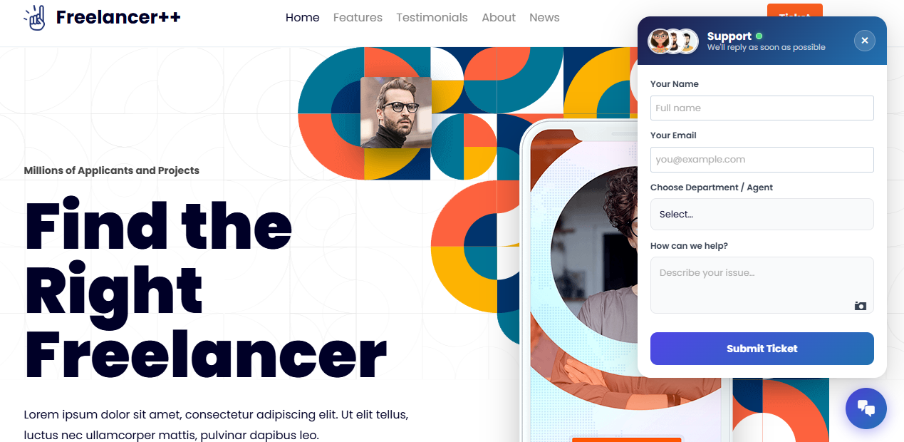 **Interactive Chat Bubble** — The frontend floating support form with stacked agent avatars, online status indicators, and department routing.