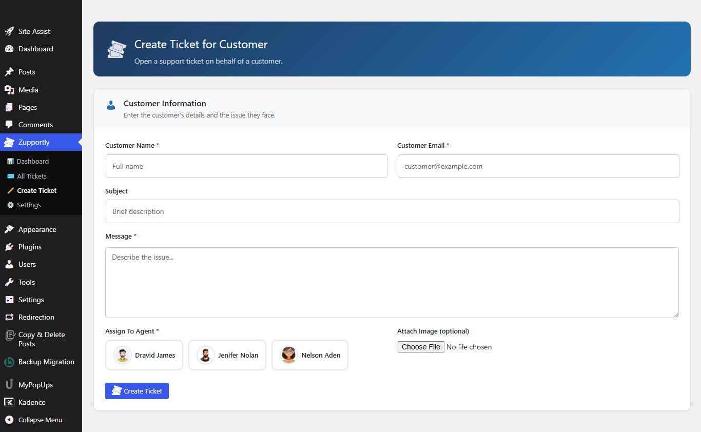 **Manual Ticket Creation** — The internal interface used to create support tickets on behalf of a client with a dedicated agent assignment picker.