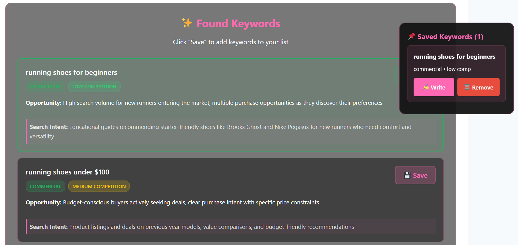 Saved keyword list