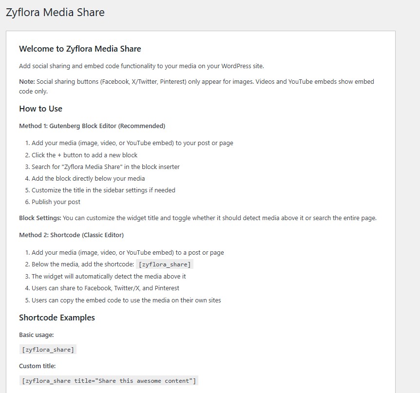 Admin help and usage instructions for the media share widget.