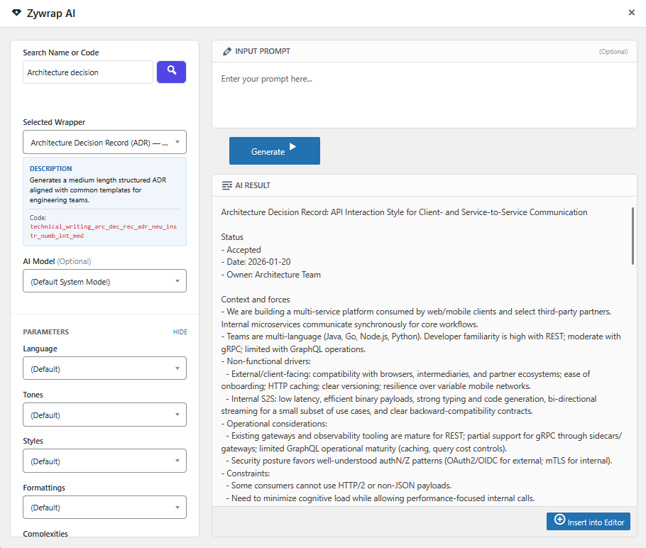 Zywrap AI modal inside the WordPress editor
