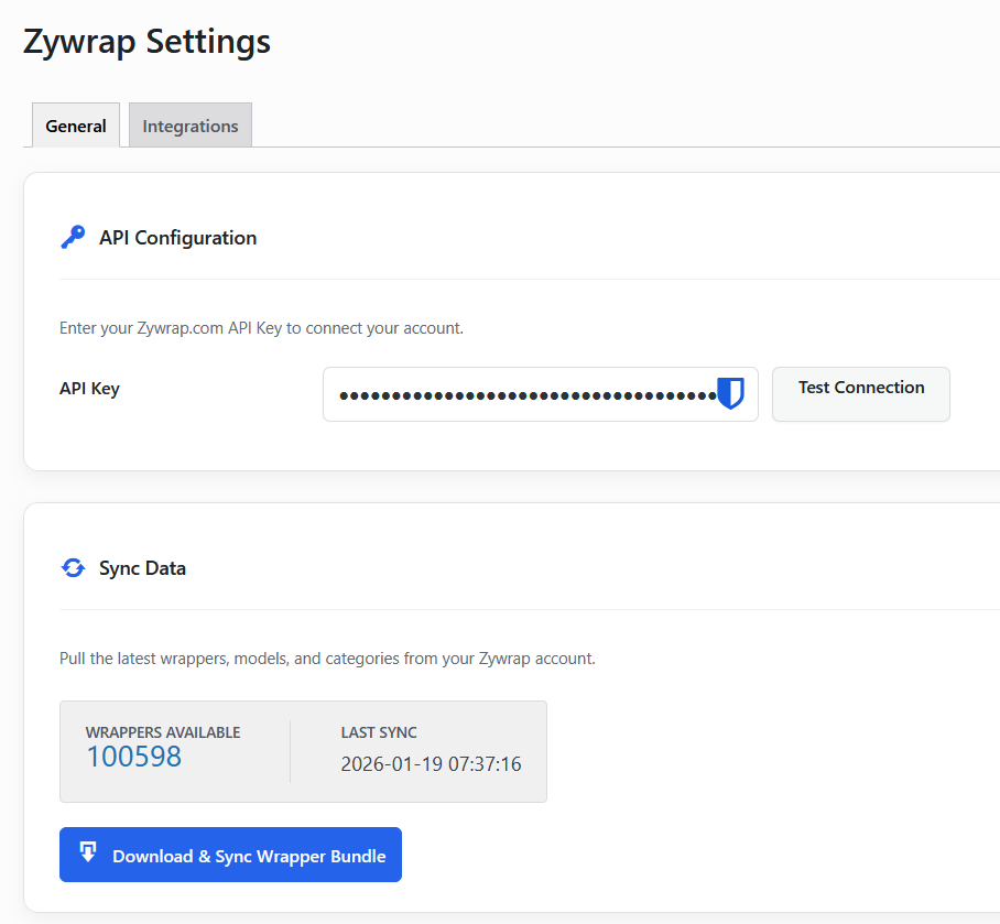 Settings page for API configuration